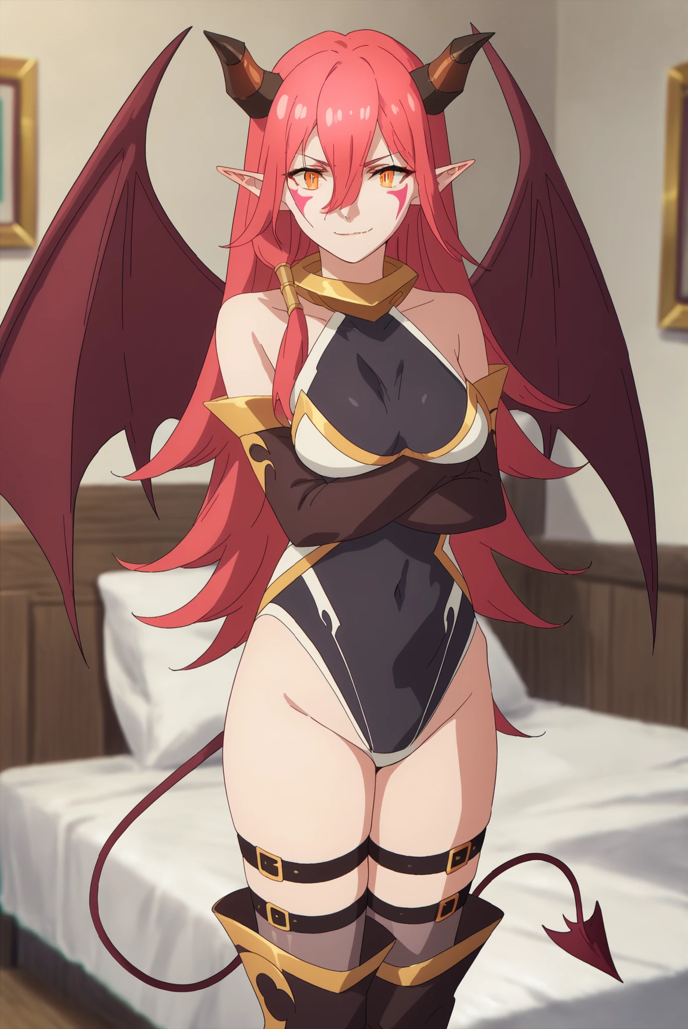 masterpiece, best quality, adult woman, solo, high fantasy costume, ((white background)), full body, multiple views, boots, leotard, succubus, horn,