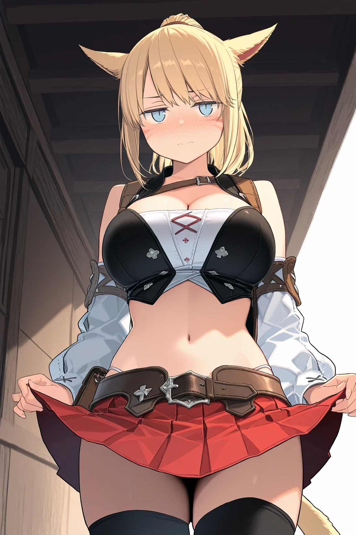 ((1girl, solo)), Zenith, large breasts, beautiful body, (perfect anatomy, perfect body, perfect hands, perfect legs), nice hands, natural proportions, sexy body, standing, arms up, arms behind head, cowboy shot BREAK
((extremely detailed face)), blue eyes, (black eye shadow:1.3), (beautiful detailed eyes:1.6), (realistic pupils, realistic iris:1), expressive eyes, looking at viewer, (clear eyes:1.3), (hyperrealistic:1.2), (detailed skin texture:1.2), smooth skin, (blonde hair:1.5), sidelocks, ahoge, ponytail, (detailed lips:1.2), (attractive lips:1.1), (glossy lips:1.1), ((smile)), perfect face, perfect eyes BREAK
red shirt, collared shirt, long sleeves, black ribbon, neck ribbon, underbust, suspenders, black skirt, high-waist skirt, white belt, zettai ryouiki, thighs, black thighhighs BREAK
(masterpiece:1.5), anime-style, top quality, best quality, (beautiful and aesthetic:1.2), (ultra detail:1.5), Ultra-detailed depiction, Ultra-precise depiction, extremely detailed 8k illustration, high resolution, (highly detailed shading:1.2), (realistic lighting:1.4), perfect lighting, vibrant colors, dynamic tones, striking hues, 8k, absurd resolution, perfect shadows, hdr, UHD, ambient lighting, realistic, ultra-realistic, photo realistic, highly detailed, rich detail, luminous colors, fine texture, intricate design, professional illustration, (soft light:1.2), (illustration:0.7)
