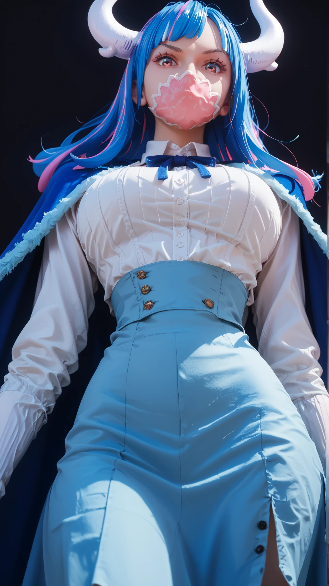 ult1, 1 girl, blue cape, blue skirt, large breasts, white shirt, mask, looking at viewer, black background, shirt tucked into pants, high-waisted skirt, plain background, bottom view, white horns, blue hair, pink streaks,