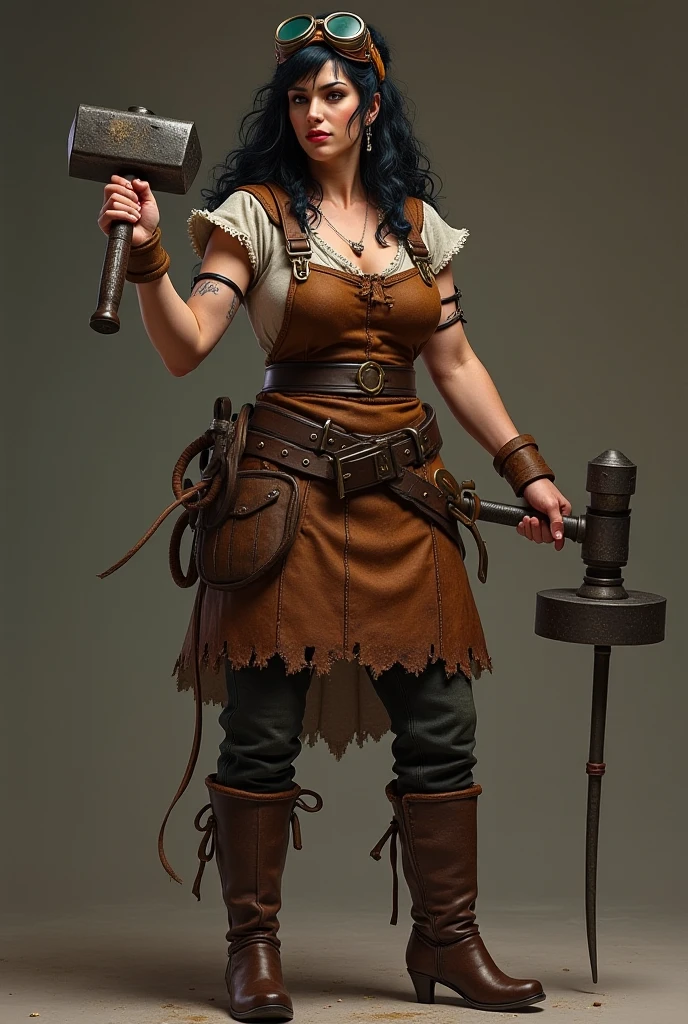 Fantasy style dwarf woman blacksmith with hammer in hand, working on a smith, blonde hair, dwarf blacksmith