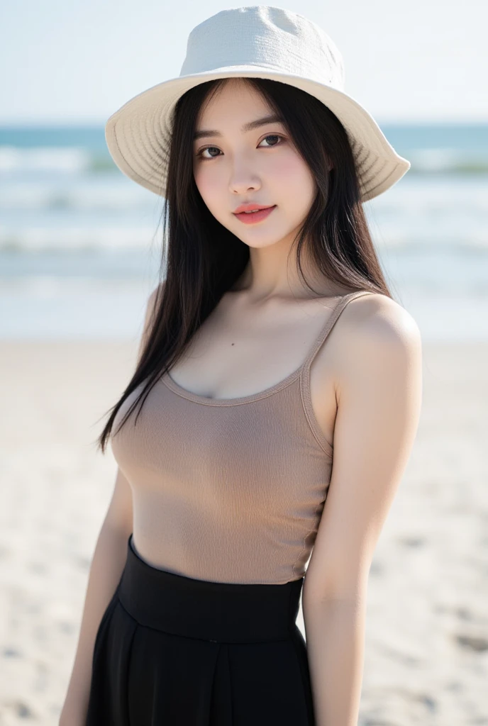 ultra high quality, smooth bright lighting, pretty Korean girl, front facing, extra pale skin, full body image, standing, wearing black crop top, wearing baggy jeans, long hair, brown hair, big bright eyes, thin sharp face, small nose, above average sized breasts, sitting on the beach, wearing a sun hat,
