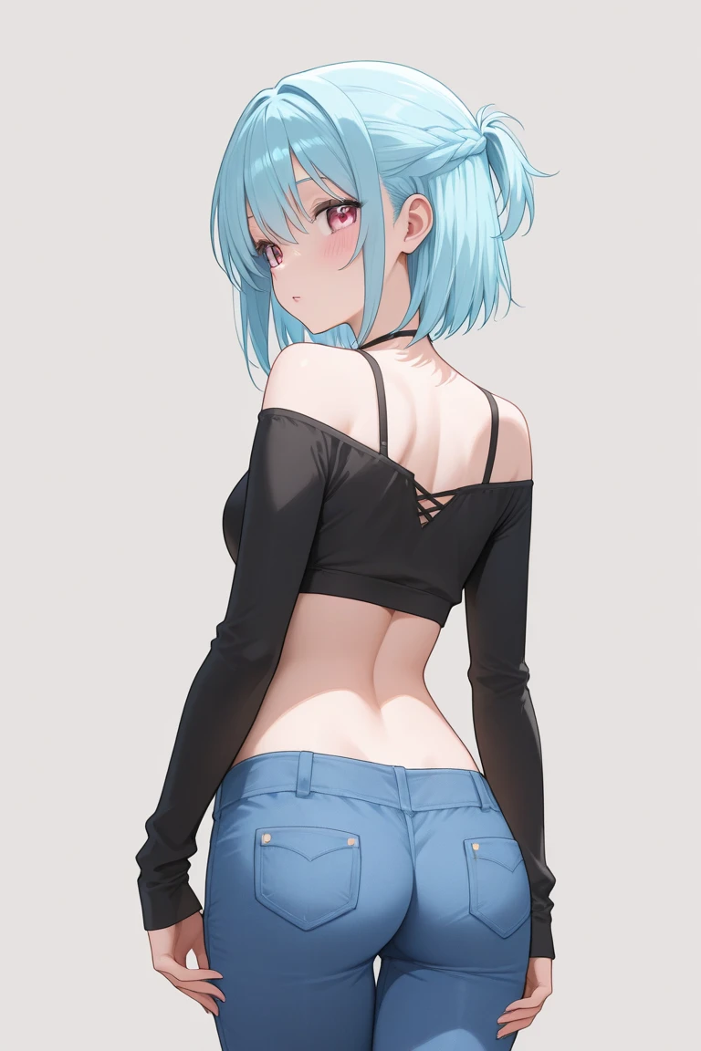 redraw, 1girl, black sleeveless top, compression top, black jeans, blue eyes, medium breasts, thighs, short white hair,best quality, masterpiece, ultra-detailed, ass, from behind