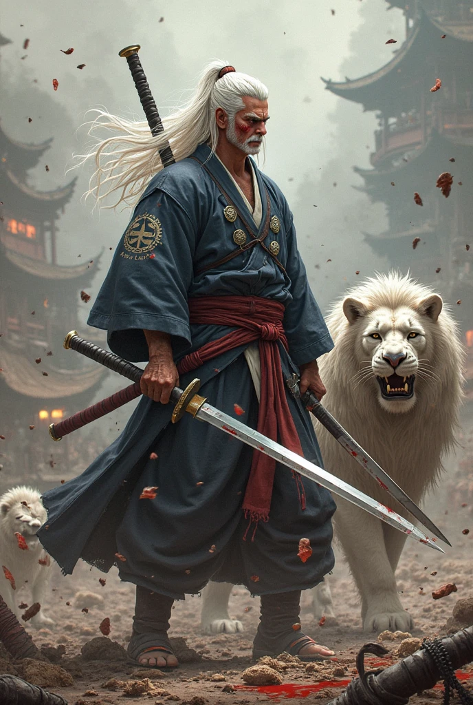 Cool samurai with long white hair, pale skin covered with blood and stains , un sheathing his long sword in battlefield, wearing a cool kimono , with a white lion beside him 