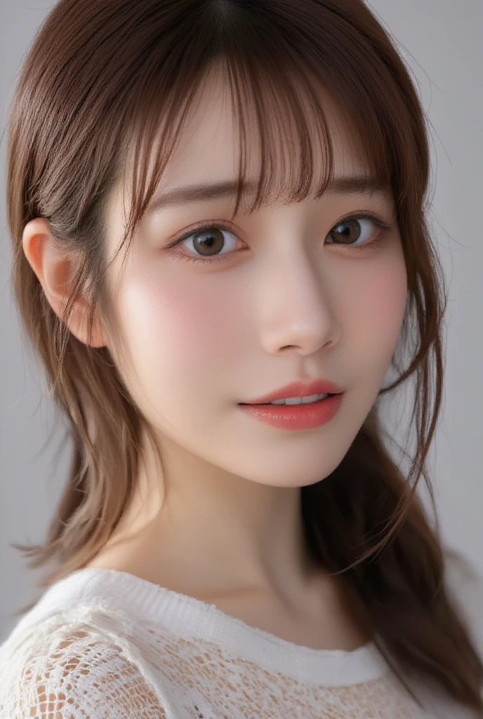 realistic portrait of a Japanese woman with short, with a high nose, light brown hair, and bangs. Narrow eyes and high nose, She has large, expressive eyes, The background is simple and plain. The image includes eccentric elements such as subtle , with a beautiful face, cute and dreamy expression, and a happy expression