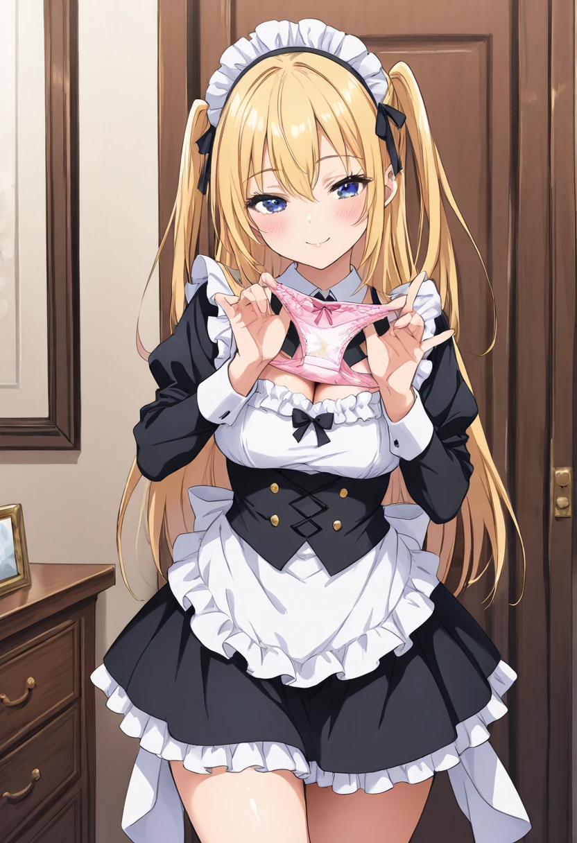 anime, beautiful face, highly detailed face, detailed perfect eyes, perfect hair, perfect lips, accurate arms, accurate hands, perfect legs, accurate footware. highly detailed background, front lighting, perfect lighting, full body, 1girl, solo, ruby hoshino, ruby, oshi no ko, heels, blonde hair, thighhighs, stockings, absurdres, high res, ultrasharp, 8K, masterpiece, looking at viewer, in a maid cafe, restaurant (sexy pose:1.1), (full body:1.5), maid, maid outfit, cute maid outfit, cleavage, stockings, full of delight, smiling full of compassion, blushed, cute gestures