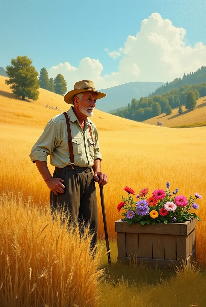 Create an image of a planter watching a wheat crop 