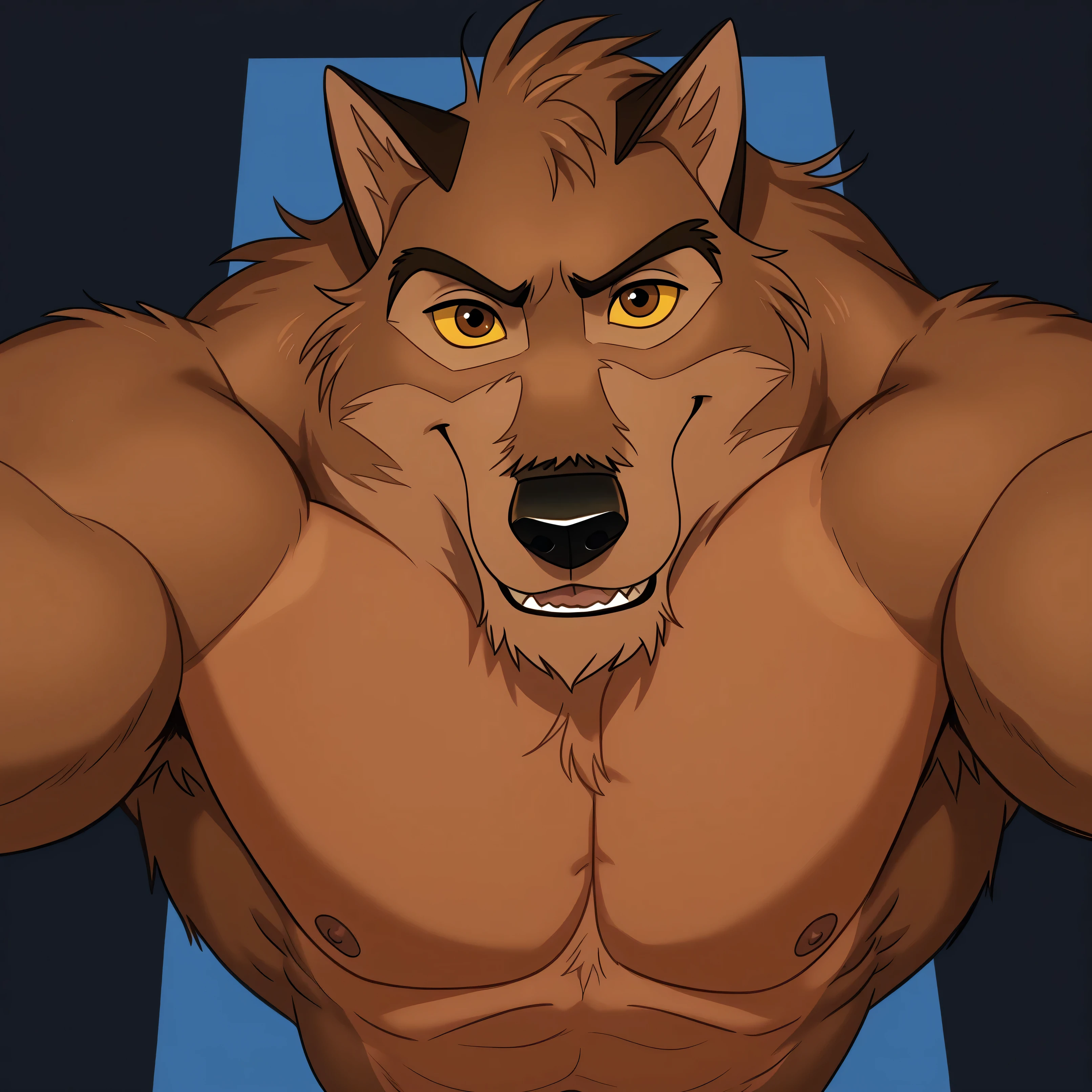 baltotwd, wolfdog, balto, brown eyes, yellow sclera, solo, detailed, detailed face, black eyes, anthro body, male, adult, muscular, cartoon shading, cel shaded:1.0, flat colors, (no background, white background):1.5, shirtless, wfa style, negger style, cartoony anatomy, above waist, looking at viewer, posing, smile