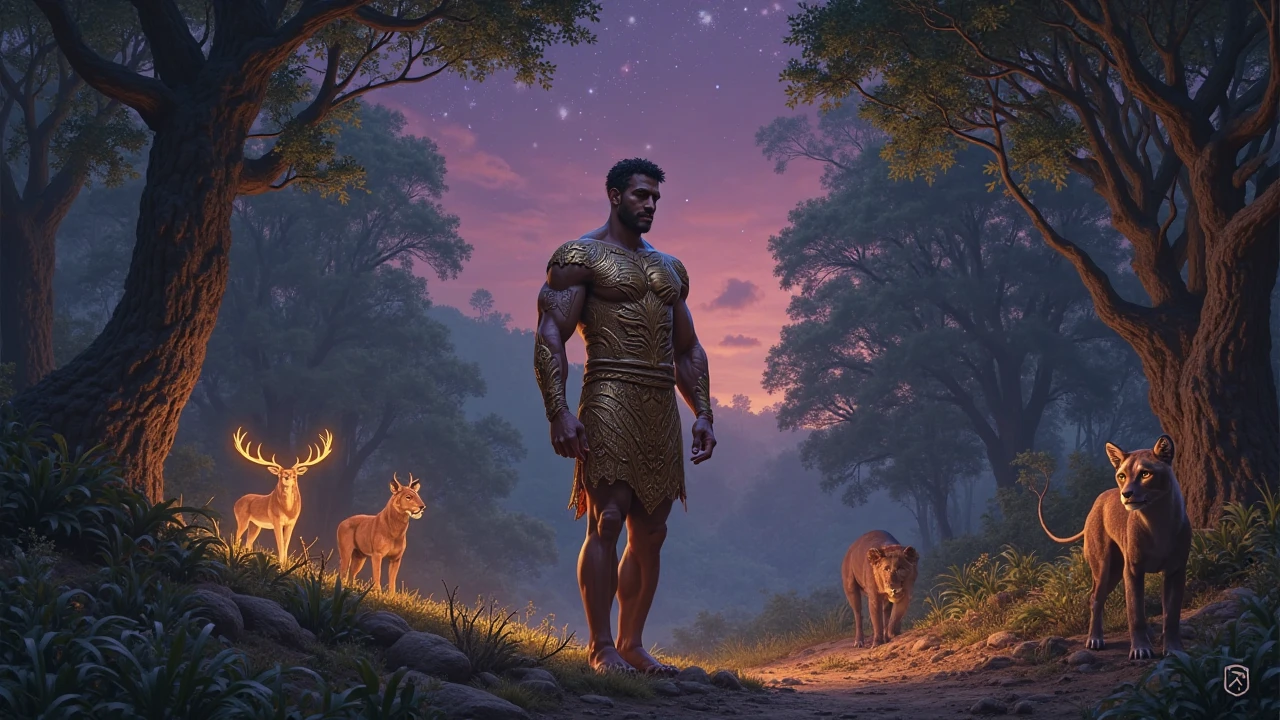 "A striking depiction of Epimetheus, the Greek Titan of afterthought, standing in a lush, ancient forest at twilight. He is a tall, muscular figure with a regretful expression, wearing a simple bronze tunic etched with animal patterns – wings, claws, and scales. His hands are empty, symbolizing his mistake of leaving humans traitless. Around him, vibrant animals (eagles, lions, deer) roam, glowing faintly, while a barren patch of earth hints at humanity’s lack. The sky is a deep purple, with stars emerging. Dramatic, highly detailed, 4K, in a mythic realism style inspired by John Singer Sargent."
