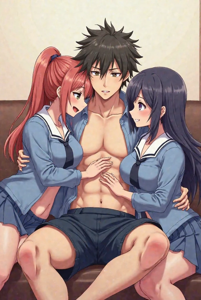 score_9, score_8_up, score_7_up, source_anime, 1boy, dominant white male, male, huge penis, enormous ligh skinned male penis, precum, smug, muscular light skinned male, sexy, nude, sitting on loveseat, indoors,  horny, big dick,twink, lean, twink boy, yumejoshi, femporn,  marceline, marceline abadeer, purple eyes, BREAK, ((1girl)), nami, couple, sex, doggystyle, pussy, vagina, female, female on male, Heterosexual, breasts
