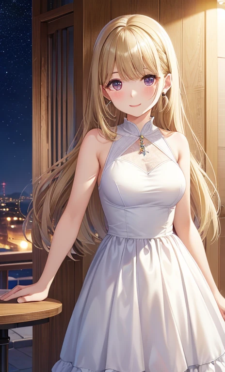 (8k, top quality, masterpiece: 1.2), (realistic, photorealistic: 1.37), super detailed, girl single, cute, solo, midnight, beautiful detailed sky, detailed café, sitting, date, (blush), (smile: 1.15), small breasts (mouth closed), beautiful fine eyes, floating hair NovaFrogStyle, back open dress