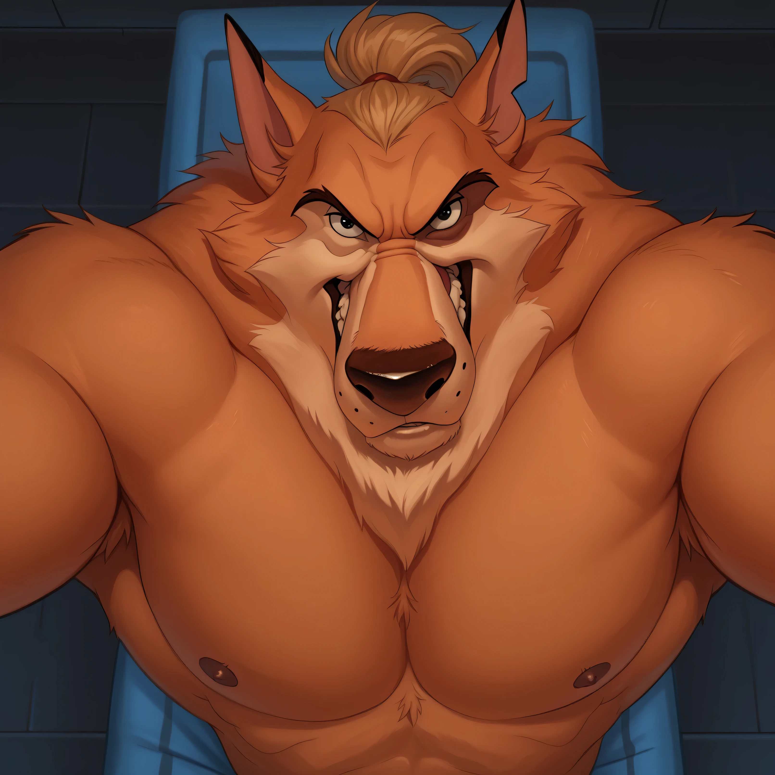 Kaltag pny, alaskan malamute, solo, detailed, detailed face, detailed eyes, anthro body, male, adult, very muscular:1.1, cartoon shading, cel shaded:1.0, flat colors, shirtless, wfa style, negger style, cartoony anatomy, above waist, looking at viewer, arms crossed, countryside background:1.1