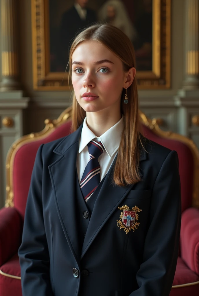 Make a girl of apparently 16, with darker blonde hair, very clear blue eyes, in a royal environment, wearing a British college uniform