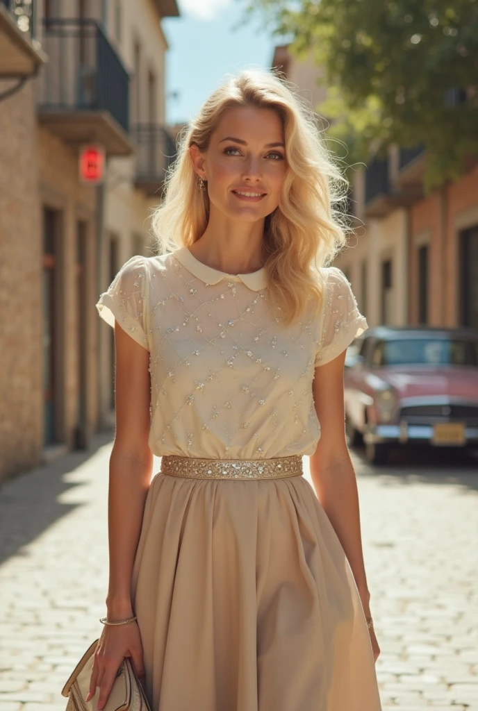 full length girl, capelli sciolti, messy blondes, smiling