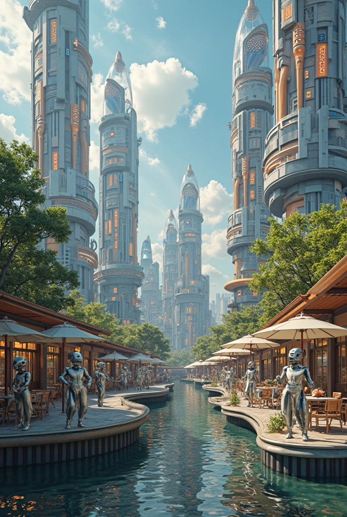 Picture a realistic futuristic amusement park using superconductors and eco-friendly electrical energy where robot employees sell food and robot employees serve customers