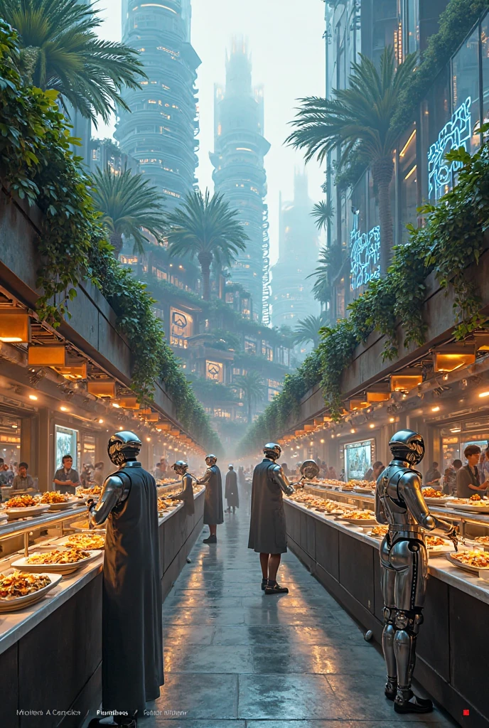 Picture a realistic futuristic amusement park using superconductors and eco-friendly electrical energy where robot employees sell food and robot employees serve customers