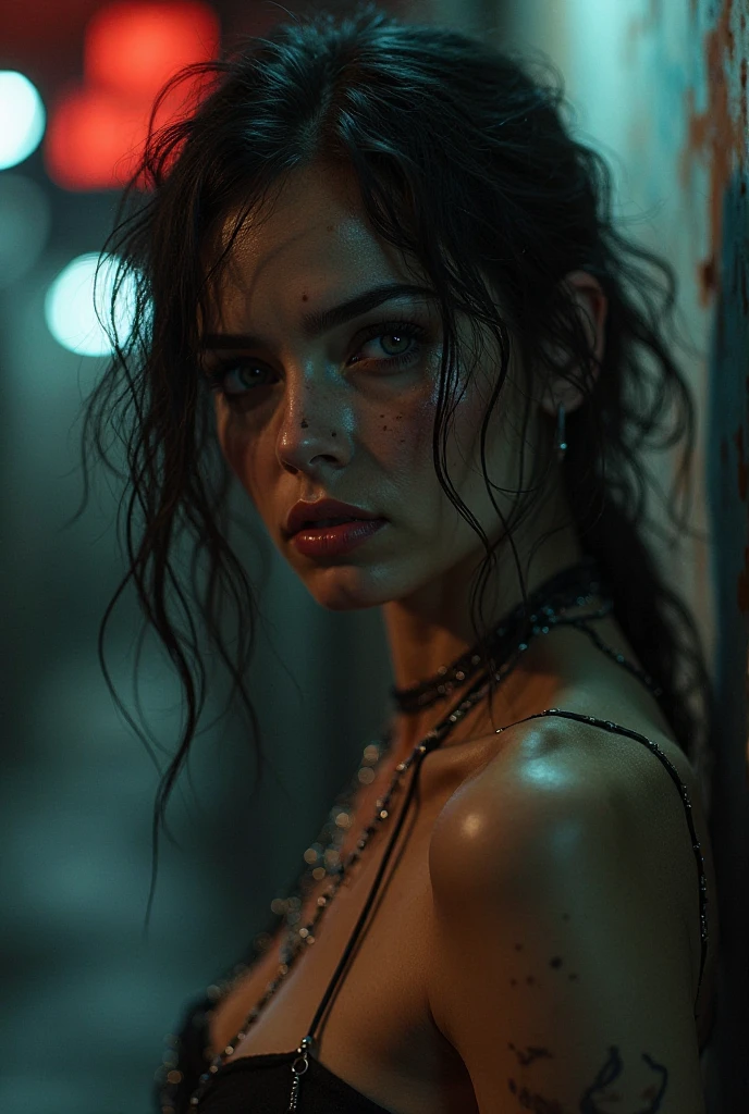 Make a picture of a sexy girl in blue With dark and mysterious colors, rebel looking up