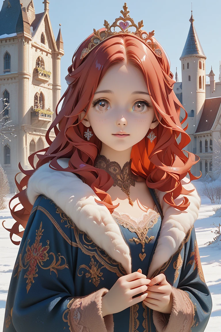 1 woman with wavy red hair and pink eyes, Royal style family, lace and fur dress, winter, in the castle, lovely, cute, High Quality, high-detail, detailed face, masterpiece,