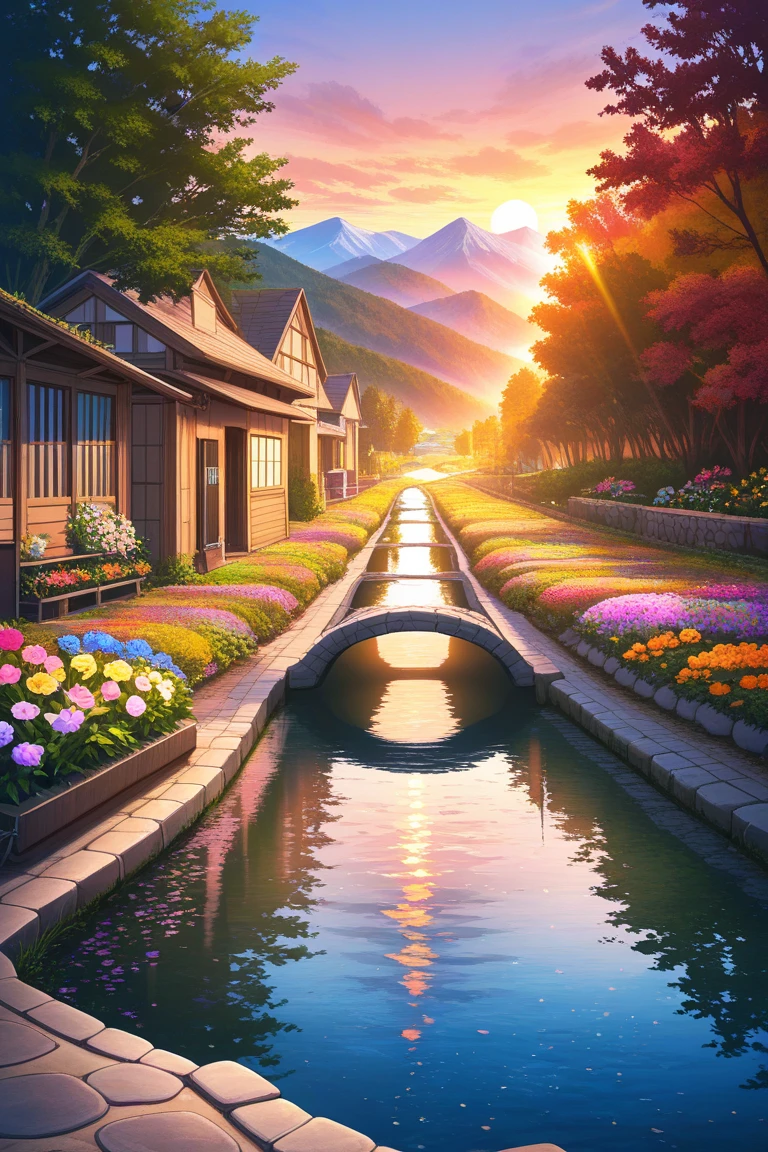 A small town by the river, mountains in the background, colorful floral flowers, detailed landscape, beautiful natural landscapes, atmospheric lighting, scorching sunset, warm colors, practical, photographic, detailed foliage, complex buildings, cobblestone street, charming country house, vibrant colors, lush vegetation, reflections in the water,  picturesque, idyllic, artwork, photos, 8K, extremely detailed, anime style