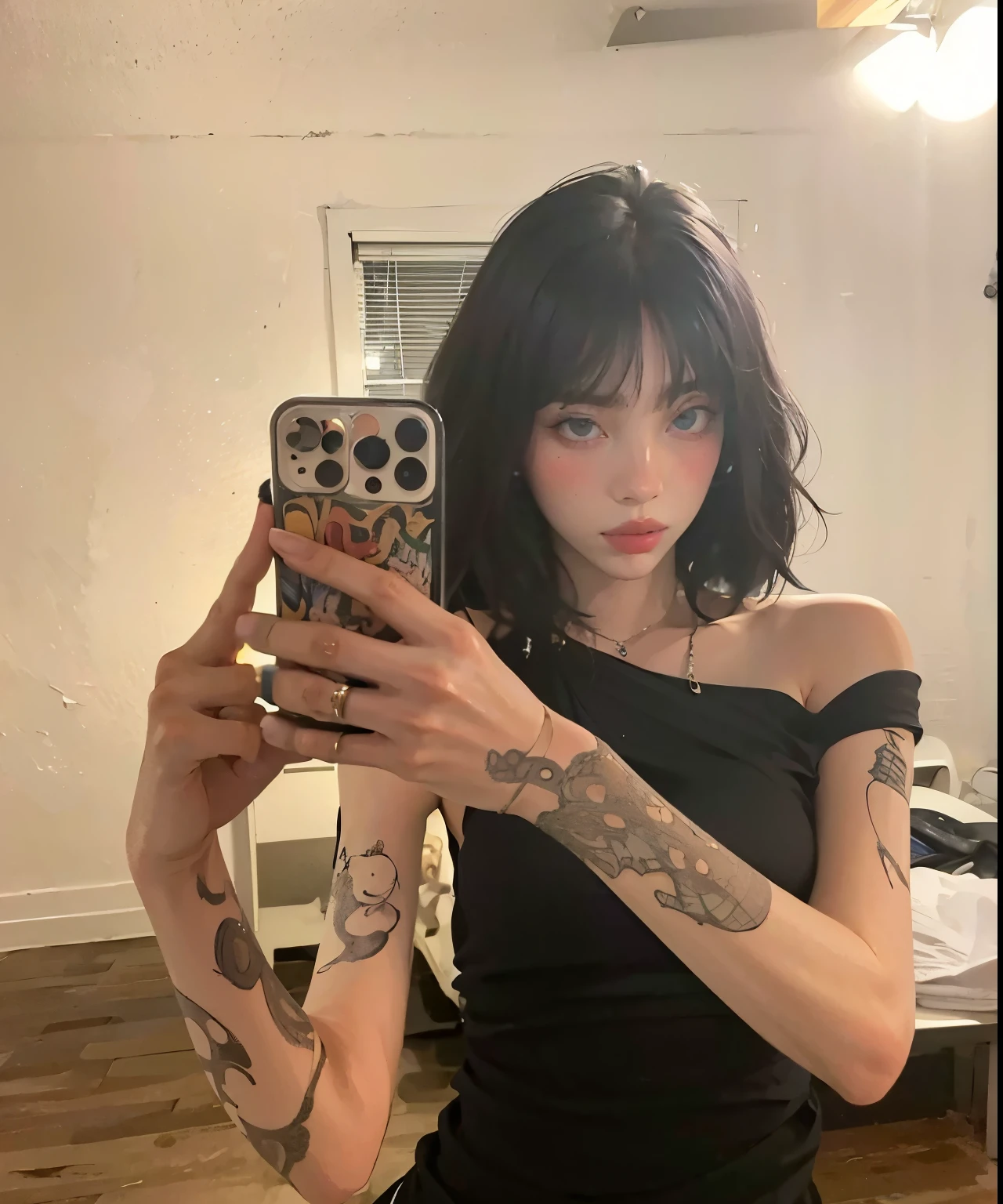 arafed woman con tatuajes taking a selfie in a bathroom, Cabello negro largo desordenado, cabello negro desordenado, Ella tiene el pelo negro with bangs, Ella tiene el pelo negro, Ella tiene el pelo desordenado, cabello negro desordenado, cabello negro largo y delgado, cabello blackbangs cabello, 1 7 - year - old goth girl, goth girl aesthetic, flequillo de cortina, con tatuajes