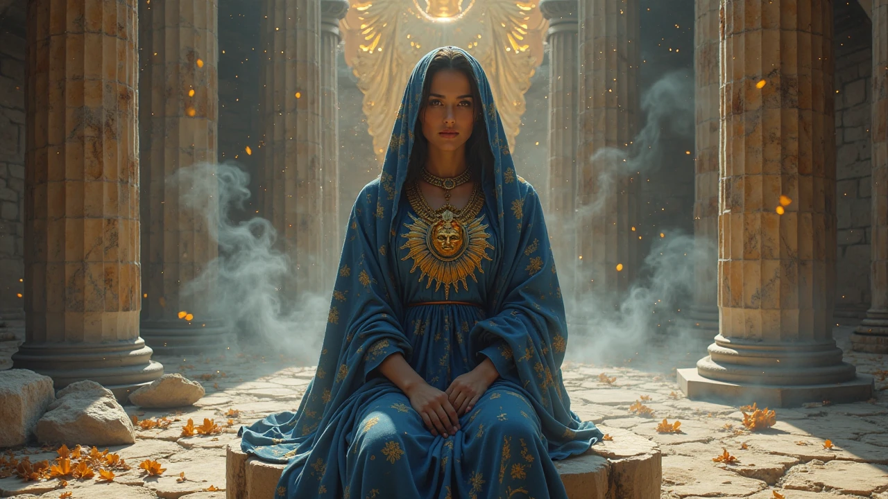 "A mystical image of the prophet Delphi, Pythian priestess, sit on the triad stone pod in the ancient temple of Apollo. She wore a deep blue robe with a golden sun pattern, half-covered face, eyes twinkling like bewitching. Sparkling steam rising from the crevice below, screwing around her. The marble columns of the cracked temple, bright torch light, laurel leaves strewn across the floor. The golden statue of Apollo looms majestically behind.  enchanting , high detail, 4K, neoclassical style inspired by Alma-Tadema."