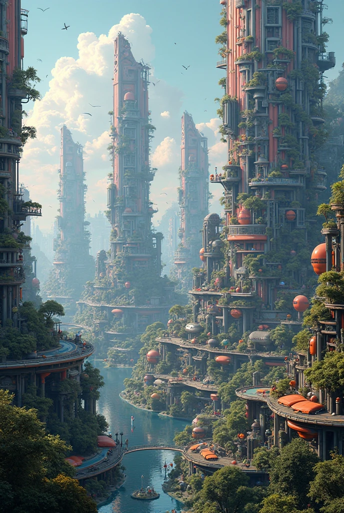 Futuristic panoramic view of Cell City, with organelles like living buildings.