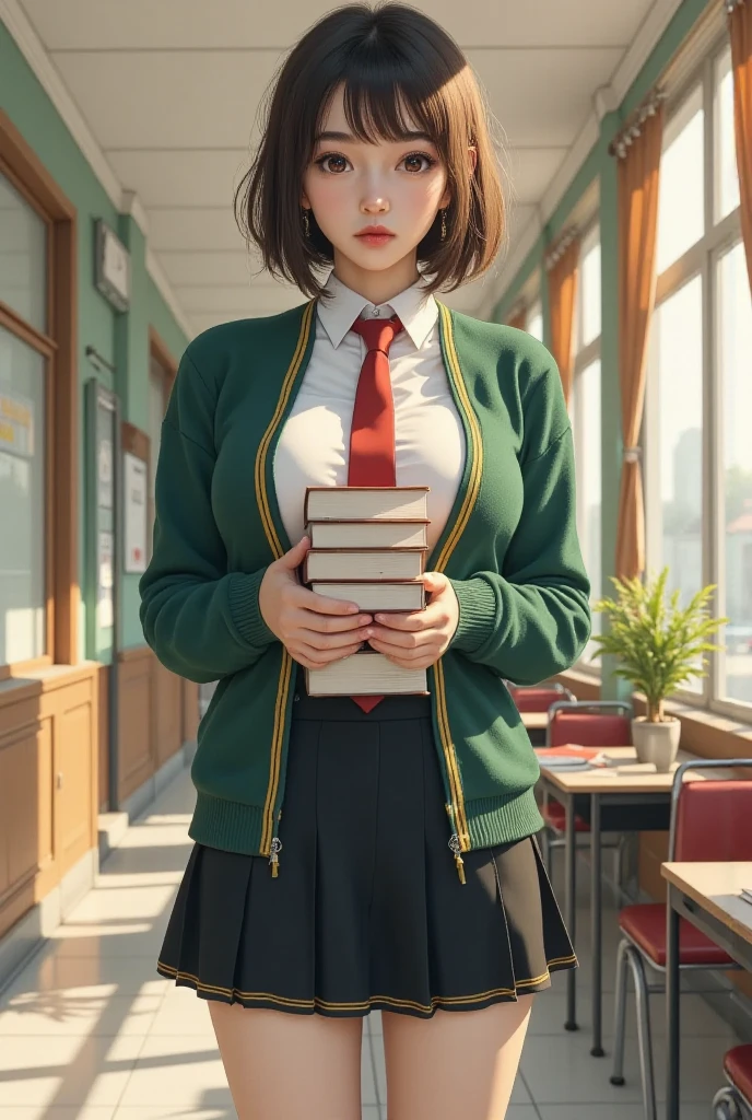 high quality, 8K Ultra HD, masterpiece, best quality, a gorgeous, tall, very curvy, brown skinned, 18yrs old girl, with bobbed and curly hair, full lips and brown eyes, wearing an official school uniform, with a red tie, a black short skirt revealing her big thighs, a white shirt and a green woollen sweater with yellow stripes, as she's standing at a school empty hallway, stacks of books in her hands pressed to her chest as shes looking at the viewer absentmindedly