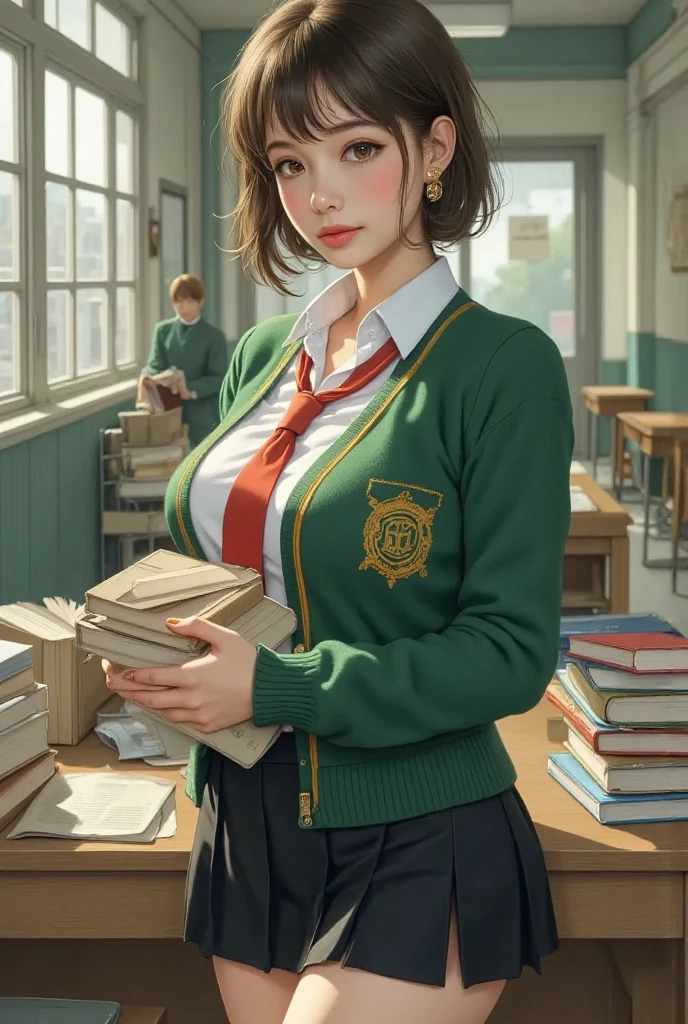 high quality, 8K Ultra HD, masterpiece, best quality, a gorgeous, tall, very curvy, brown skinned, 18yrs old girl, with bobbed and curly hair, full lips and brown eyes, wearing an official school uniform, with a red tie, a black short skirt revealing her big thighs, a white shirt and a green woollen sweater with yellow stripes, as she's standing at a school empty hallway, stacks of books in her hands pressed to her ????? as shes looking at the viewer absentmindedly