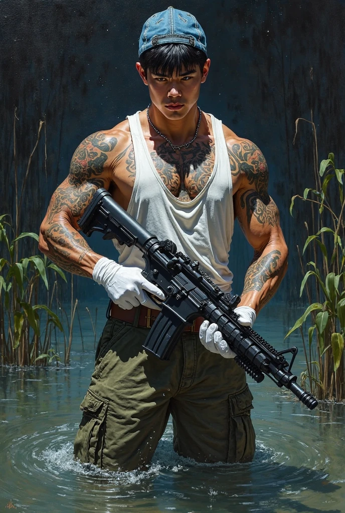 realistic Marvel comic book panel, oil portrait, dynamic pose, full body, 31 year old young man, Korean, slanted eyes, closed, short straight black hair, tattoos all over his chest and neck, MUSCULOUS BODY, BIG MUSCULOUS chest, He is wearing a denim cap, loose military camouflage pants and a white tank top, white gloves, jewelry, holding a large gun with both hands, in a swampy lake, standing inside a swampy boat, boat-aircraft, at night, tall vegetation on the lake, at night, black sky. Dynamic light and shadows.