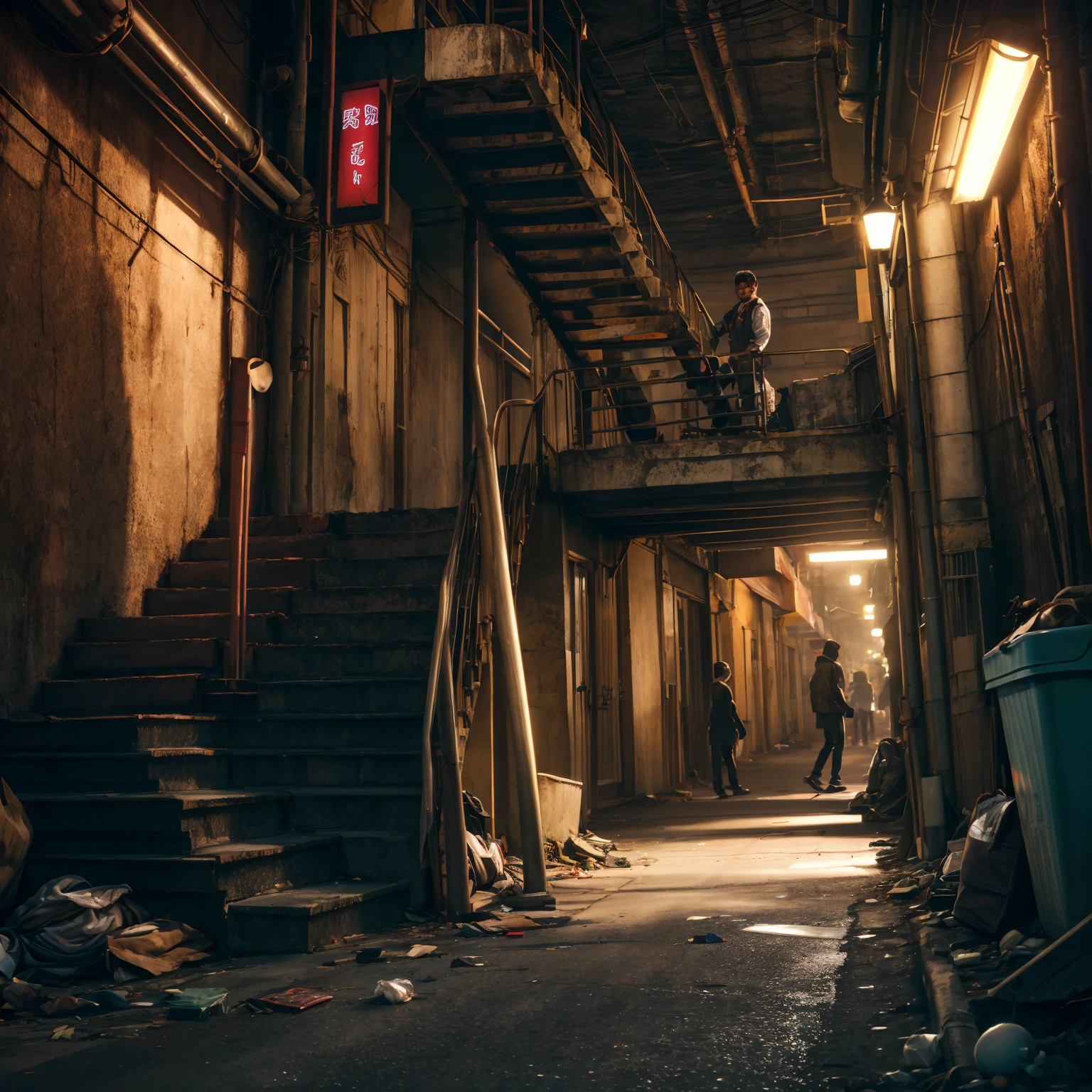 (( masterpiece 、 top quality 、 Official Art 、 Unity 8  ｋ wallpaper))、 (((workers on the way home from work、Poor girl 、Detailed Faces、smile)))、( Unsanitary Poverty Alley、  poor environment、dim shopping mall、dirty立ち飲み屋、On-the-road sales、 rusty vending machine、 Showa Retro:1.2)、(dirty、Bulky trash、Stairs to the basement、Mysterious Underpass )