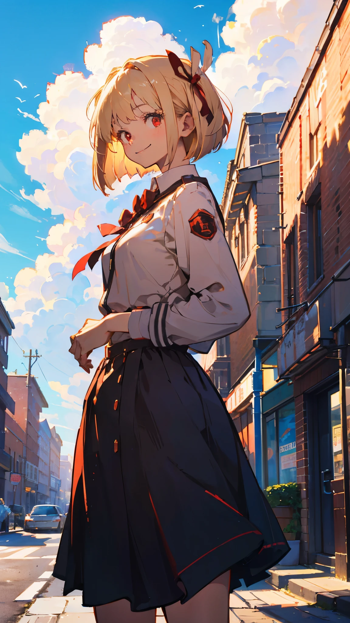 one girl 、solo、licorice recoil、red licorice uniform、short hair on mouth and chin、bungs、blond hair、red eyes、hair bow、one side up、bob cut、smile、cowboy shot、Outdoors、morning、cloud、Tall building in the background、Sidewalk、masterpiece、top quality、great quality