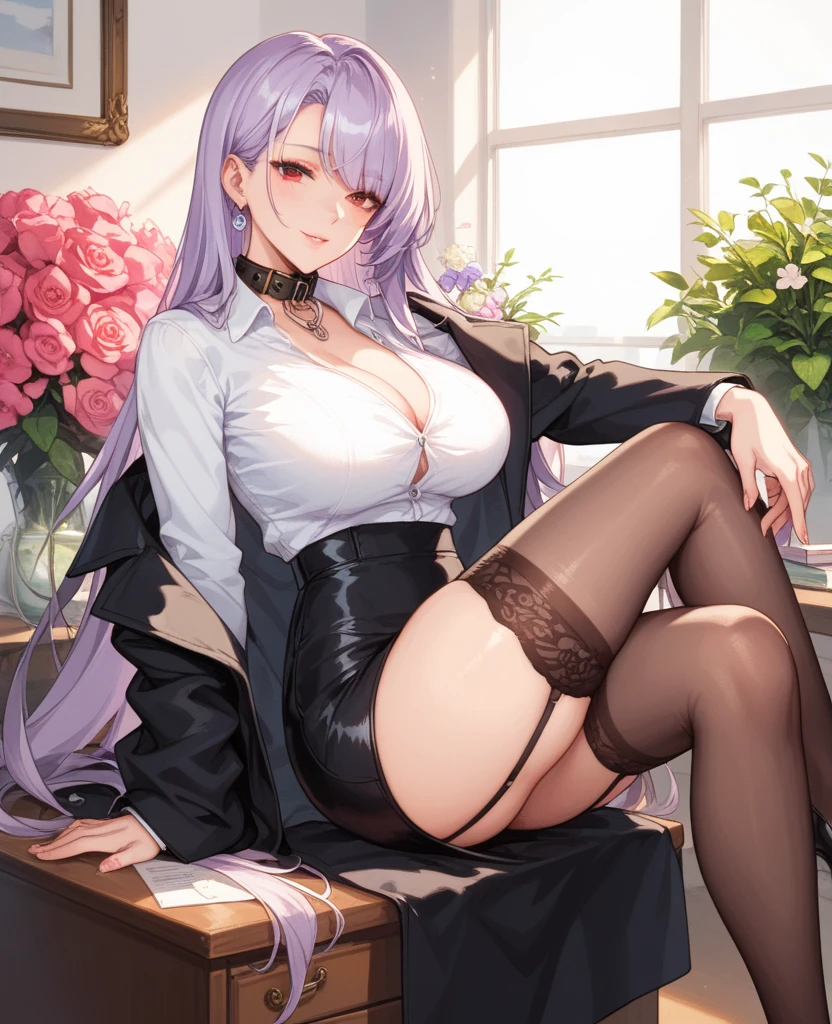 ((Correct Anatomy)),((Full Body Shot)),((Crossing your legs))、(Beautiful legs)、((Black Pantyhose))、((Sweat))、Office Lady Cosplay、(((Sexy pose))),((company)),Ultra-high resolution, Mature Woman, Mature Woman, Very detailed, ((Luxury leather chair)), Perfect hands, Detailed fingers, Beautiful fine details, (((Office Lady Costume)))、((Long Hair)),((ponytail)),Black choker, Earrings,(garter belt), (Big Breasts),Perfect Eyes, Seductive eyes,