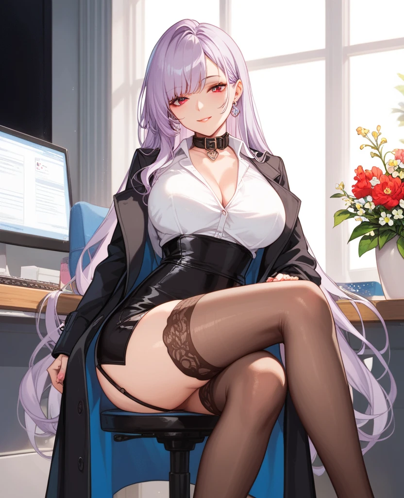 ,Unzen, 1girl, long hair, multicolored hair,purple eyes,
,office lady, business suit, black skirt, white shirt, black thighhighs, standing
office,office, <lora:Unzen_20230911102126-000018:0.8>
