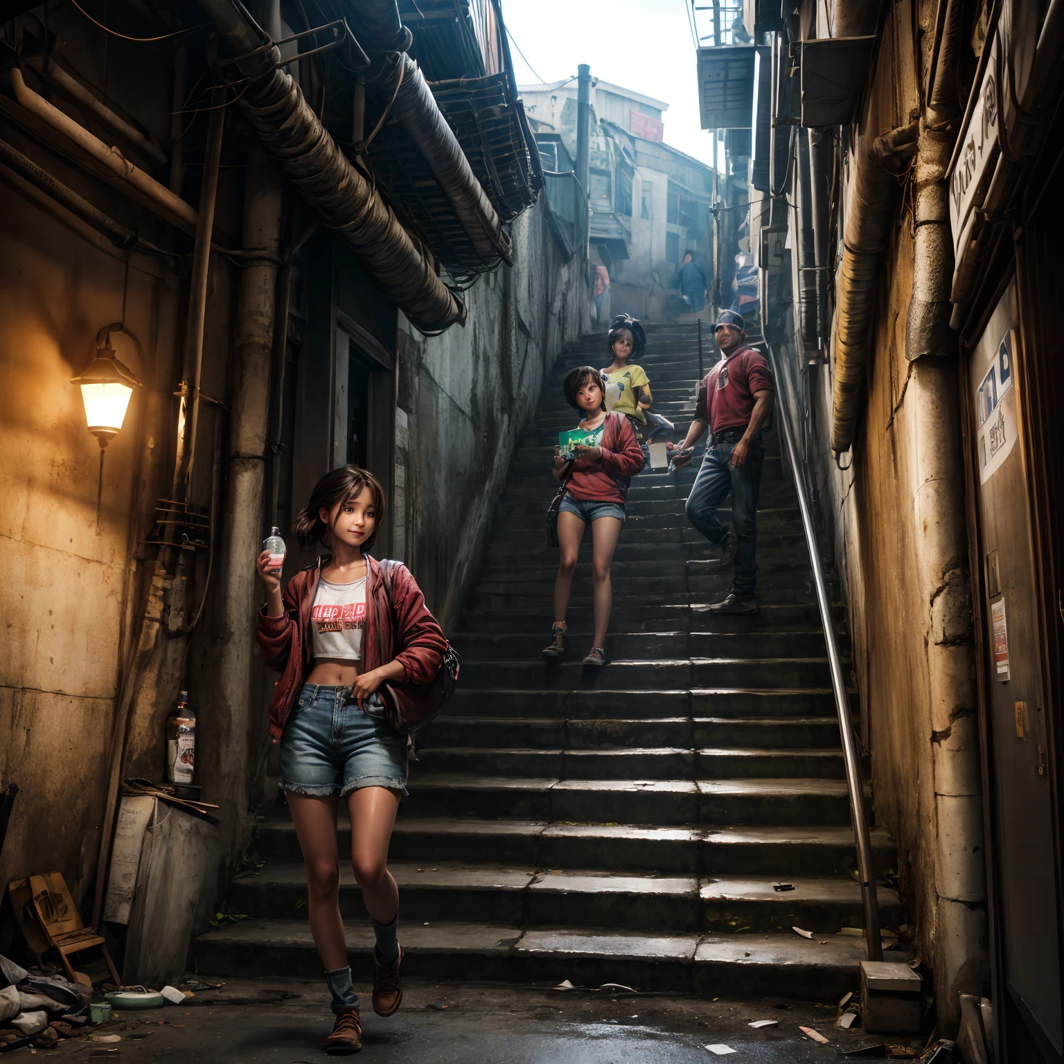 (( masterpiece 、 top quality 、 Official Art 、 Unity 8  ｋ wallpaper))、 (((workers on the way home from work、Poor girl 、Detailed Faces、smile)))、( Unsanitary Poverty Alley、  poor environment、dim shopping mall、dirty立ち飲み屋、On-the-road sales、 rusty vending machine、 Showa Retro:1.2)、(dirty、Bulky trash、Stairs to the basement、Mysterious Underpass )