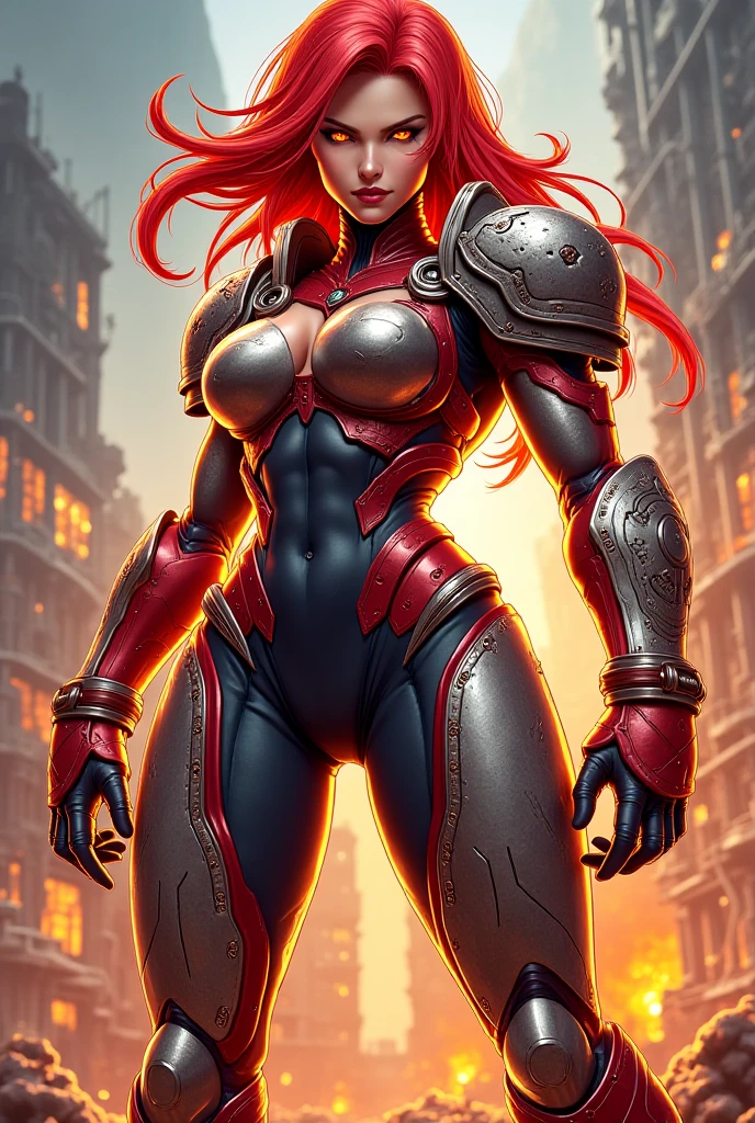 (((Close-up))), tall, (red hair), beautiful muscular asian cybernetic female ninja, (long hair), black lipstick, pale white skinned, closed smile, large breast, (massive muscles), (hyper muscle), (((ginormous bulky muscles))), yellow eyes, (ninja mask), ((red cybernetic ninja armor suit)), (red cape), ((red cybernetic ninja armor pants)), choker, cybernetic boots, ((holding a massive fire sword)), (in front of a burning castle),