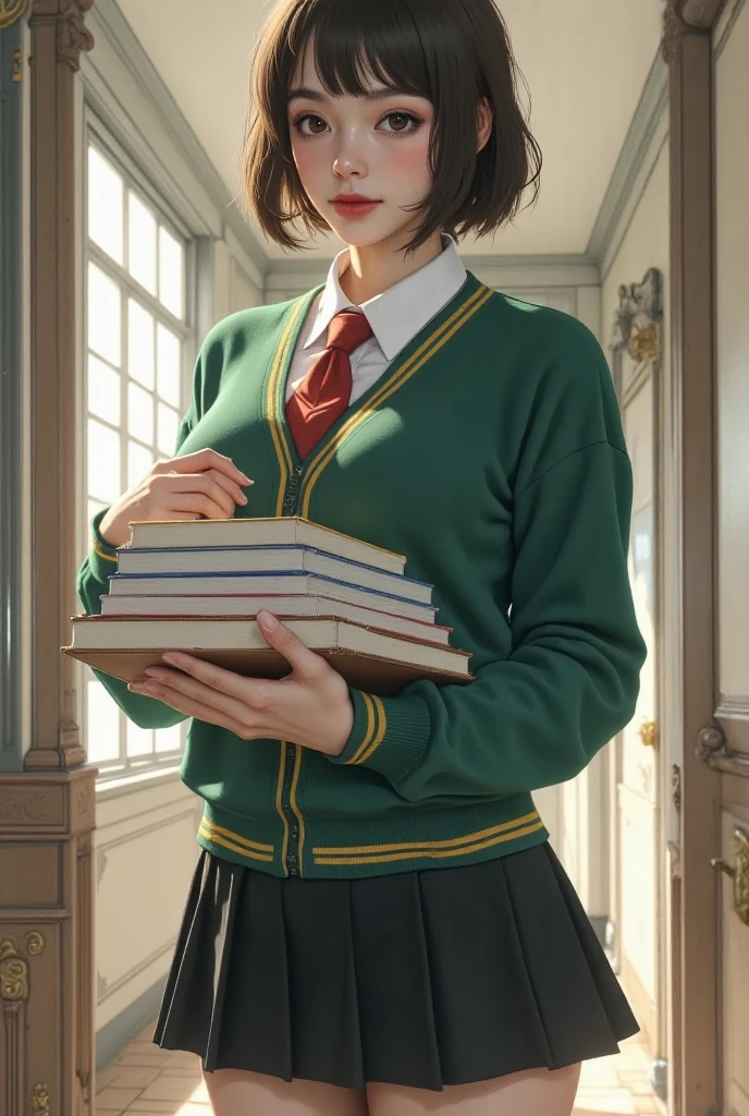 high quality, 8K Ultra HD, masterpiece, best quality, a gorgeous, tall, very curvy, brown skinned, 18yrs old girl, with bobbed and curly hair, full lips and brown eyes, wearing an official school uniform, with a red tie, a black short skirt revealing her big thighs, a white shirt and a green woollen sweater with yellow stripes, as she's standing at a school empty hallway, stacks of books in her hands pressed to her chest as shes looking at the viewer absentmindedly
