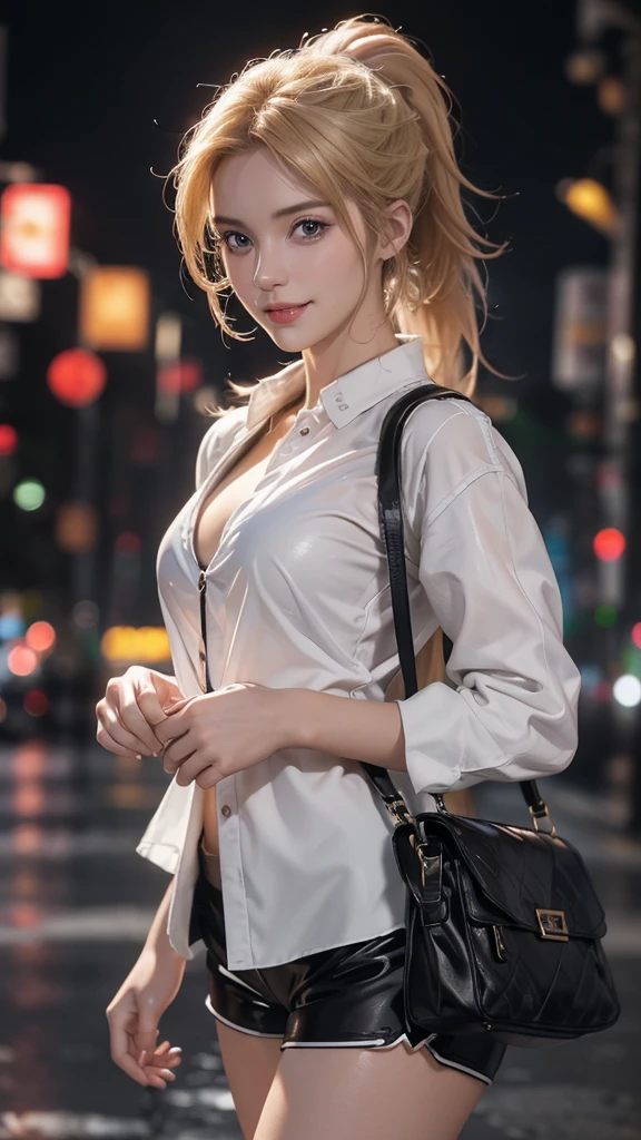 (8k, PHOTO RAW, Best Quality, Masterpiece:1.2), (Reality:1.3), (Realism:1.3), Super High Detail, (High Detail Skin:1.2), 8k uhd, dslr, soft light, high quality, high quality, movie grain, Fujifilm XT3, best quality, best quality, beautiful light, 1girl, solo, ((hands crossed over chest)) (full body), glasses, short hair, bangs, ((blonde curls)), brown eyes, normal ears, perfect hands, big breasts, slender long legs, beautiful legs, bare legs, super short black leather skirt, white shirt, cardigan shirt, student uniform, , posing, shyness, blush, smile, outdoors, city, bokeh, depth of field