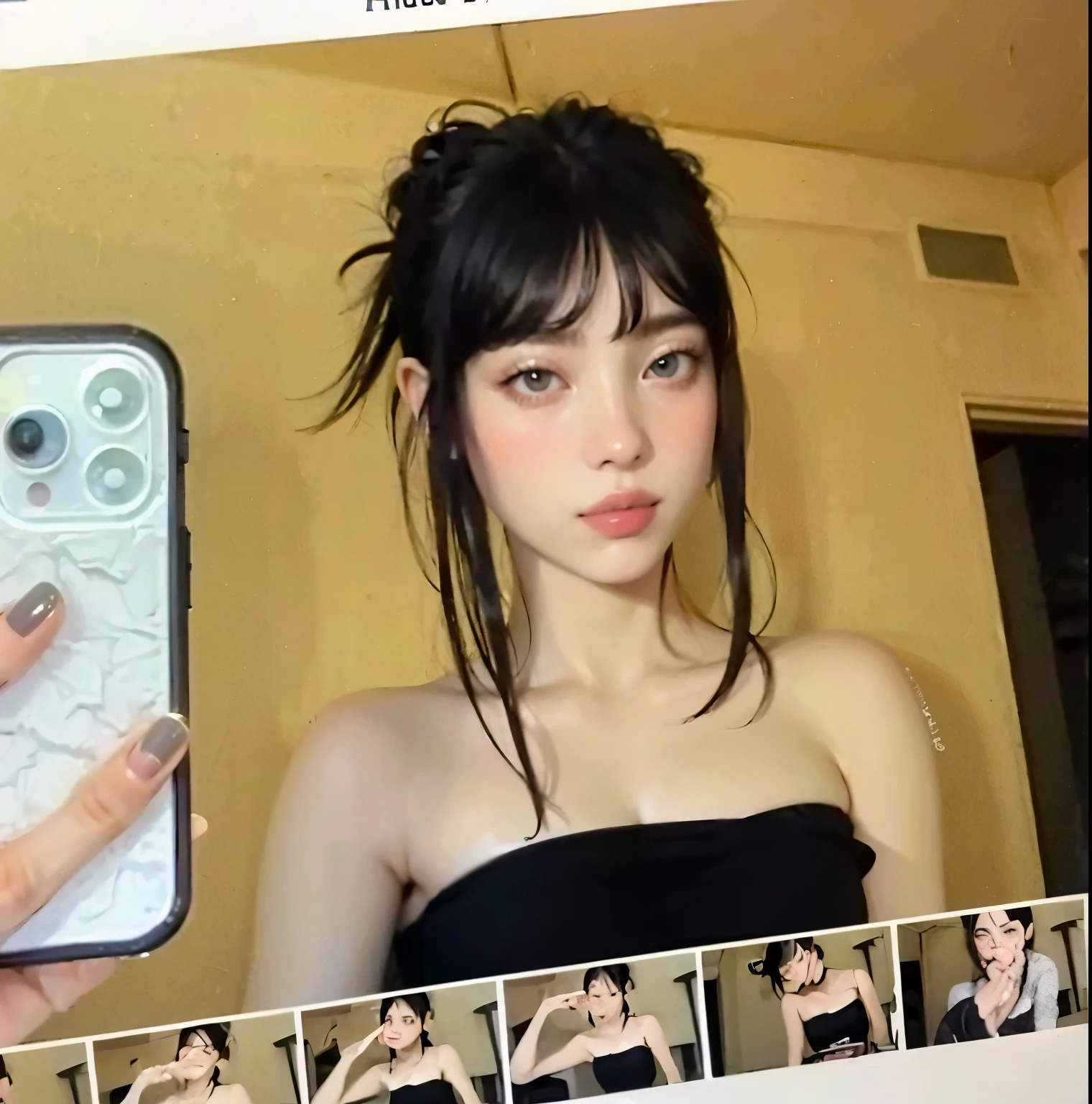 Pale teenage girl with silky black hair and bangs above her eyebrows, with small pink lips and a small, thin potato nose and light green eyes, taking a photo looking at the computer with a black strapless