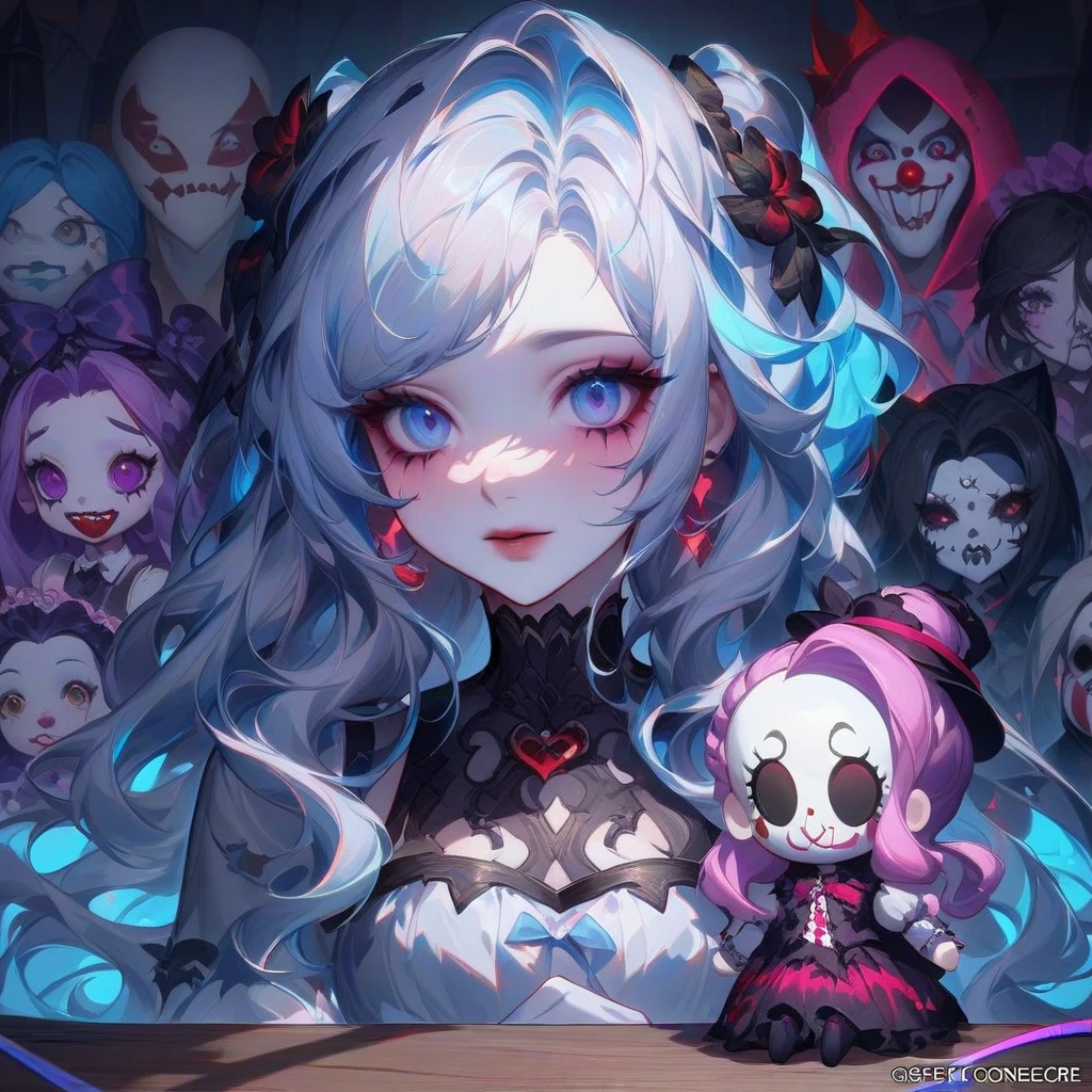 masterpiece, Highest quality, Very detailed, masterpiece, Super detailed, 8K, ,Red and blue twintails,Cute girl, Clown clothes,Pupils dilate, Insanity, Insanityに笑う, Dark aura,Horror Chick,Clown Tattoo