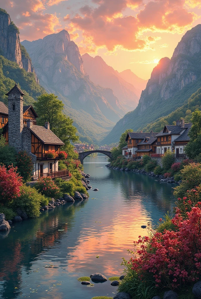 a small village by the river, mountains in the background, floral flowers colorful, detailed landscape, Beautiful natural landscapes, atmospheric lighting, scorching sunset, warm colours, practical, photopractical, Detailed Foliage, complex buildings, cobblestone street, Charming country house, swirly vibrant colors, lush vegetation, Still water reflections, Picturesque, idyllic, work of art, best qualityer, 8k, extremely detaild,anime styling