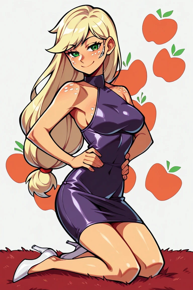 Sandy blonde hair, glasses, bright green eyes, stockings, crop top, big , thick thighs, hours glasses, wavey hair, black knee high socks, skirt, black skirt, red dragon crop top, big , peace sign, ((peach lips)), smile, cute hair style , white skin