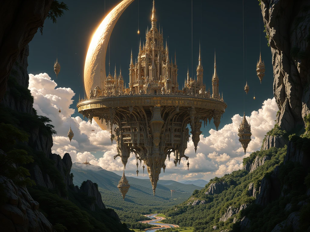 a floating castle seen from afar , with floating rocks held by chains and also a huge moon behind that castle , underneath this castle is a dense forest with mystical creatures , 4K HD COLOR LIVE