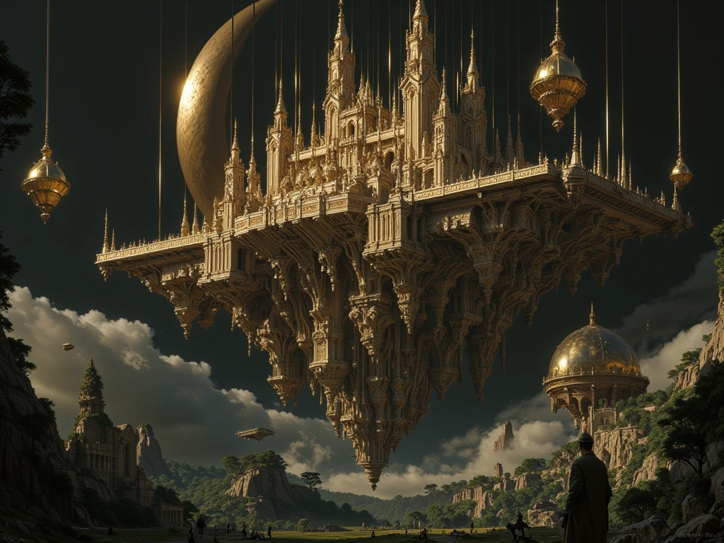 a floating castle seen from afar , with floating rocks held by chains and also a huge moon behind that castle , underneath this castle is a dense forest with mystical creatures , 4K HD COLOR LIVE