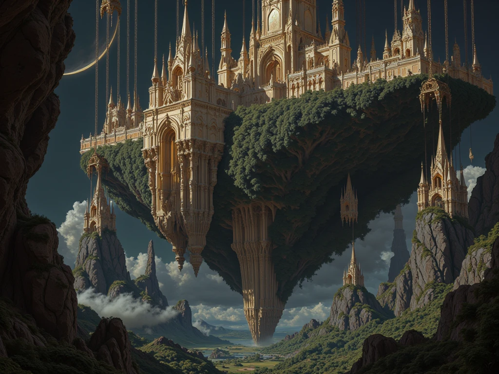 a floating castle seen from afar , with floating rocks held by chains and also a huge moon behind that castle , underneath this castle is a dense forest with mystical creatures , 4K HD COLOR LIVE