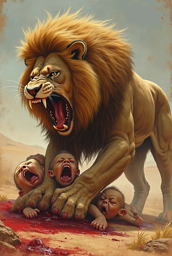 A Lion with human features, gigant ass, with a belt that says PWW. Protegendo sua filhote no colo e Lutando contra dois zumbis gigant asss ensanguentados