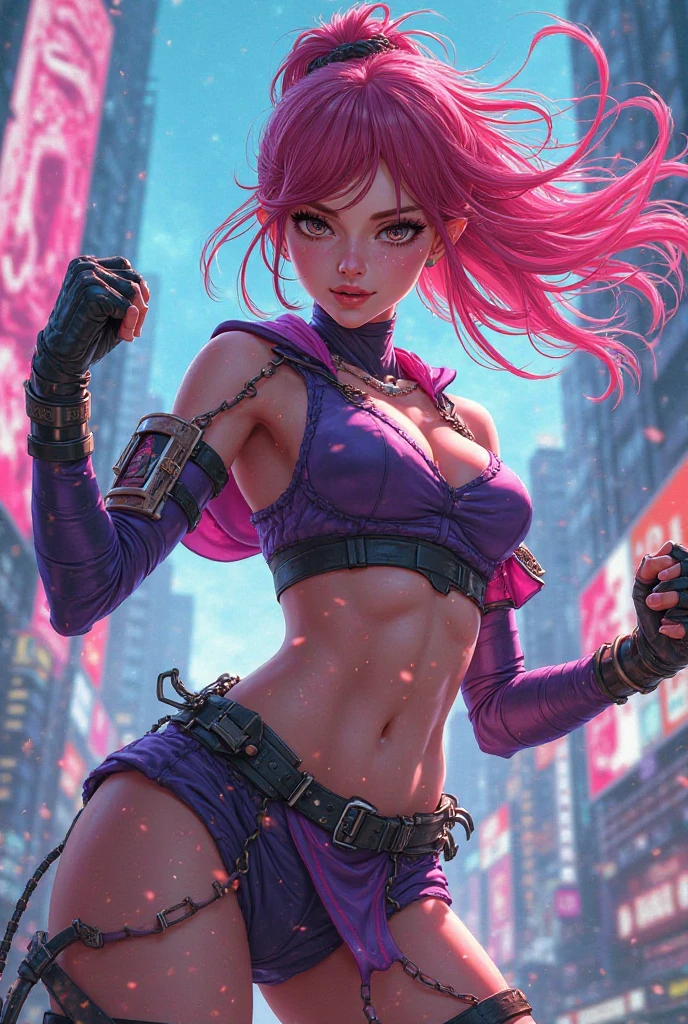 Create a brilliant female character for a fighting game, em cartoon