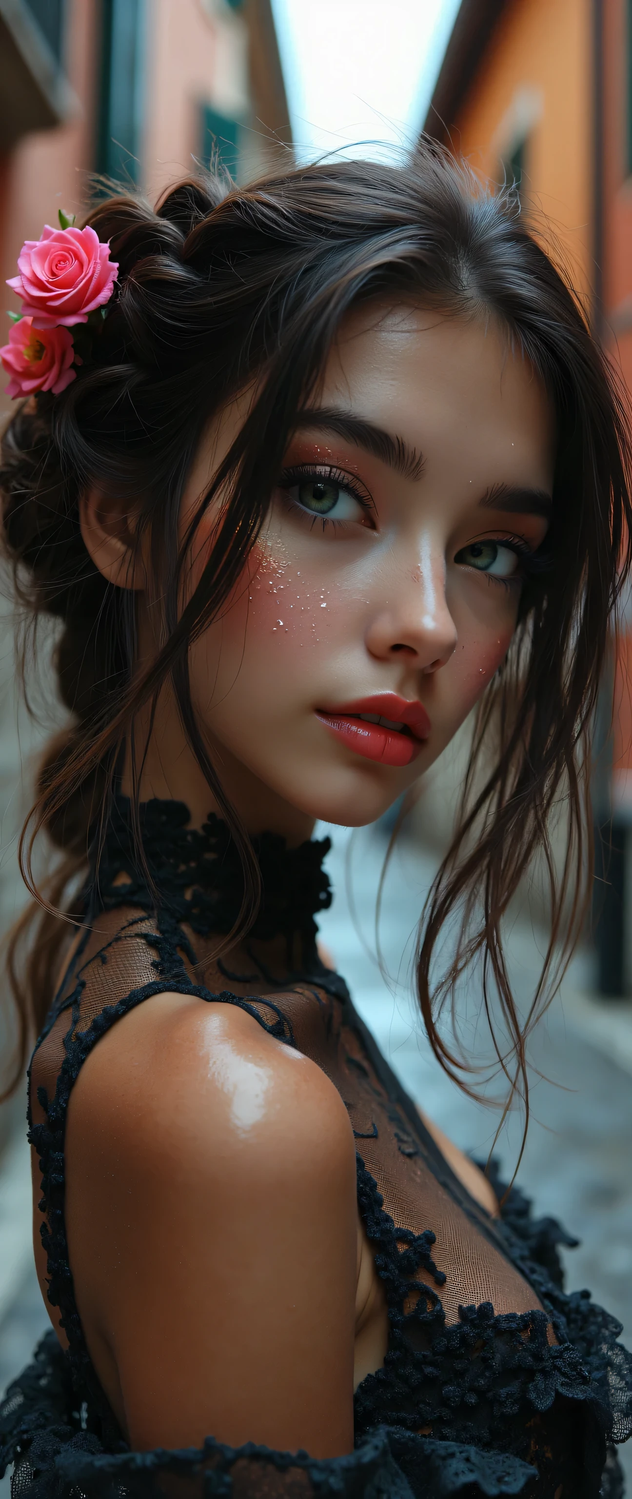realista,( Photorealistic realism ),((high resolution)),((intricately detailed digital art)),(Best Quality),( realistic texture details : perfect skin, pele lisa),(professional photography)、(( a beautiful thin and slender girl )), (Close-up eyes :1.25),(( sharp focus absurd quality , realista bright green_olhos:1.8), Wear a shoulder top showing, full body lesbian,(foto escura),(((intricately detailed (PVC braided :1.2), modest BDSM costume , revealing transparent PVC fantasy :1.4))), ( short hair, bright rosa hair, curls at the ends of her hair , hair above one eye,( short brushed to the side )), (long black boots) rua, Old Italian European buildings ,(pink rose flowers in the hair),(brilhando, Hypnotic, vibrant eyes :1.1), (perfect darkness_olhoshadows:1.4), detailed lips:1.3, (apply bright red_batom:1.3), (rosa_maquiagem:1.28), ((glittery rosa to gold maquiagem, (Perfect Proportions:1.2),(Small head),(Anatomically correct), perfect female body, firm and full breasts, (super pretty), ( vivid and colorful ), Attention to Detail, girl's focus, dynamic pose, sexy and seductive, seductive smile , dslr camera , High Quality Split Lighting, sharp focus captured by the Fujifilm XT3 , f 5.6, in dramatic lighting , (perfect composition),