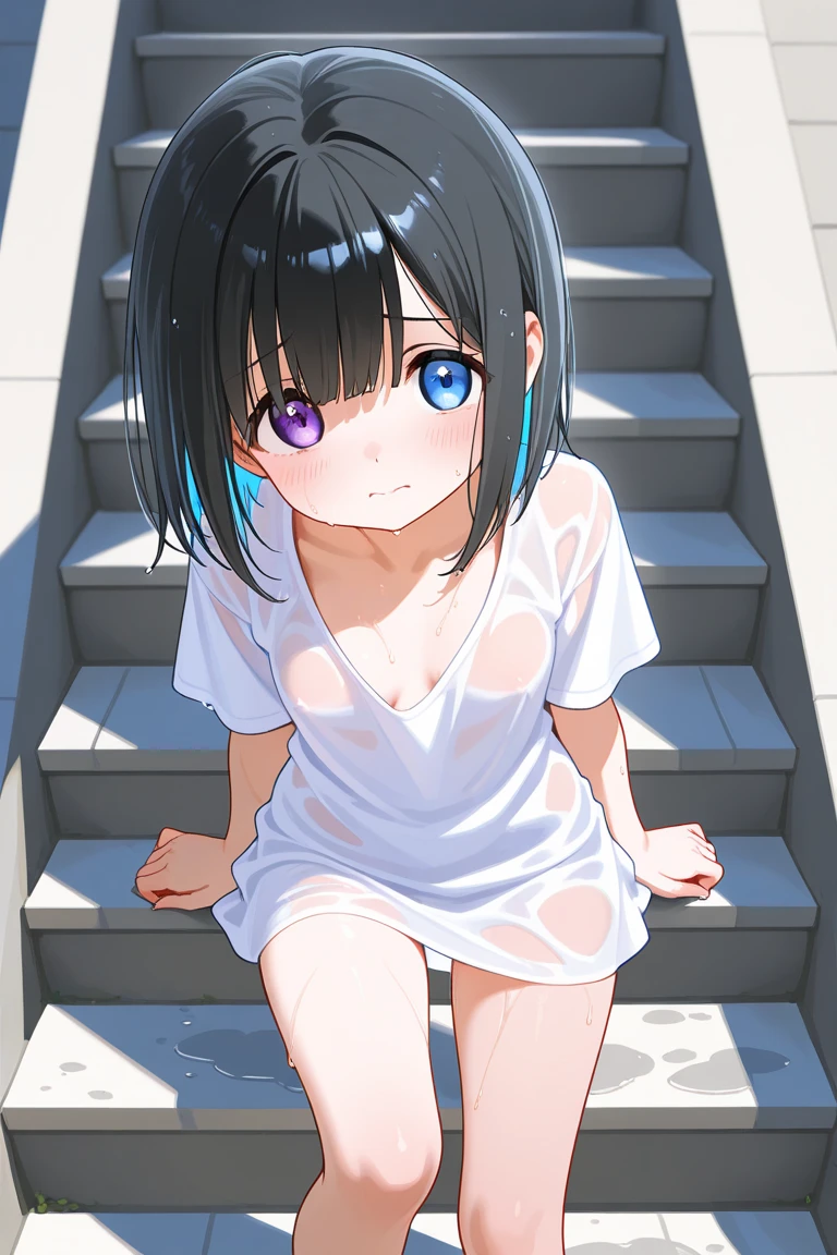 One Naked Girl、Crouching on the main street、Only one person is naked、Knees up and legs apart、Spreading her legs、Light blue hair、blue eyes、A little big chest、Nipples、Expressionless and dead-eyed、Blushing、Feeling embarrassed、Looking down、Are crying、Wearing a sailor uniform、Wearing green panties、Low rise panties、Daytime view、Arms folded behind back