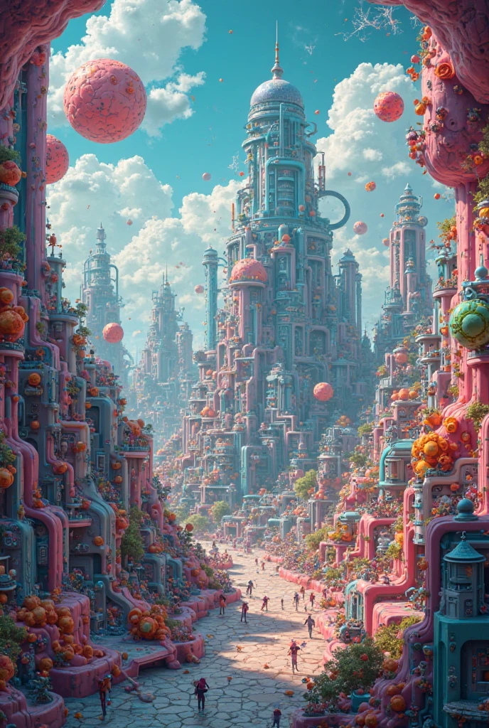 Futuristic panoramic view of Cell City, with organelles like living buildings in a cartoon
