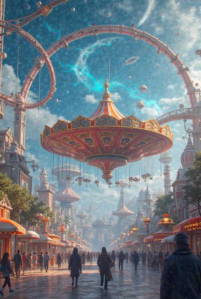 Realistic futuristic superconductors and roller coasters using superconductors floating in the air, for example, using eco-friendly energy resources,floating merry-go-round,Draw celestial images at the amusement park, such as robot employees who greet and greet customers