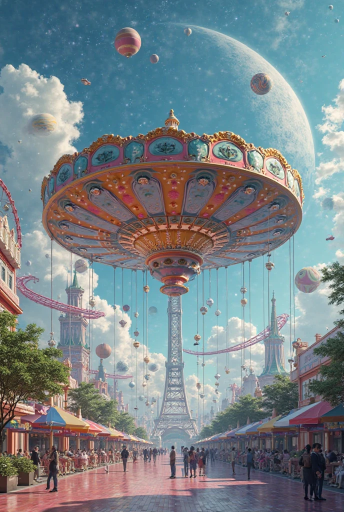 Realistic futuristic superconductors and roller coasters using superconductors floating in the air, for example, using eco-friendly energy resources,floating merry-go-round,Draw celestial images at the amusement park, such as robot employees who greet and greet customers